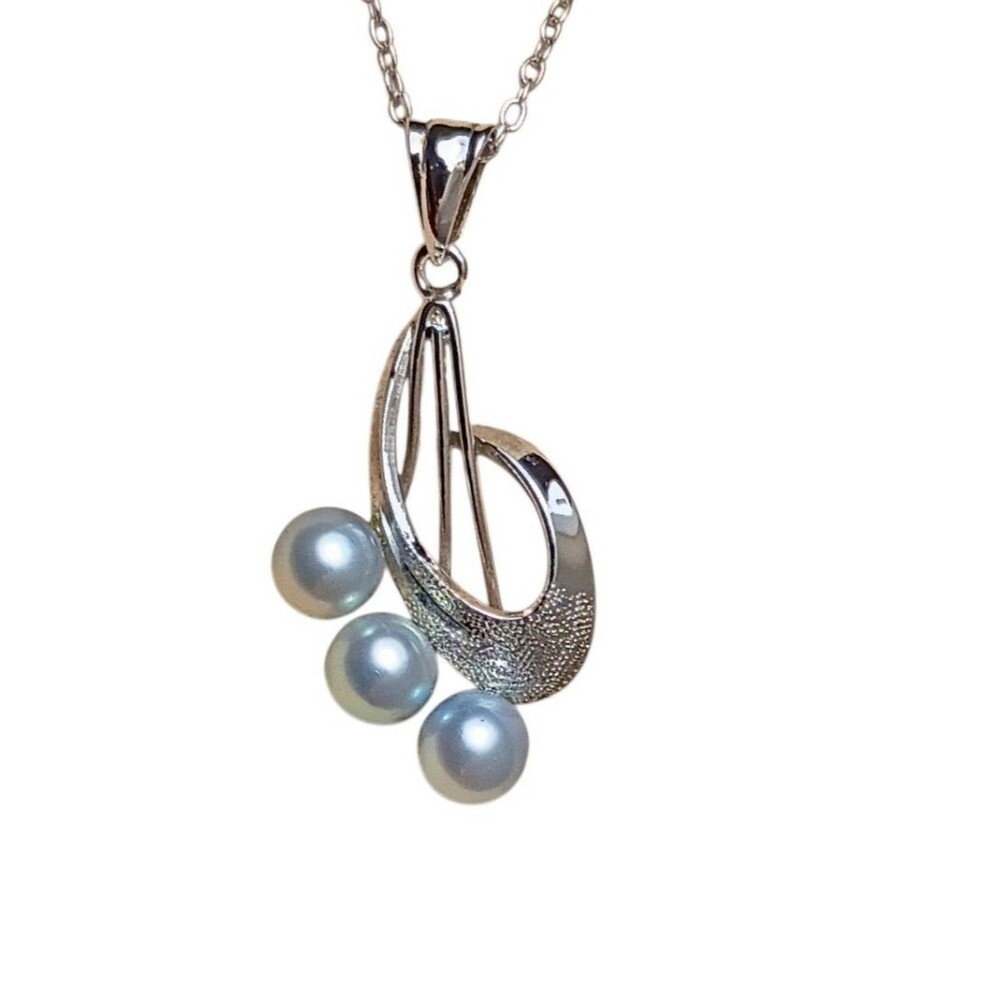Vintage MCM Pearl Sterling Silver Pendant Necklace